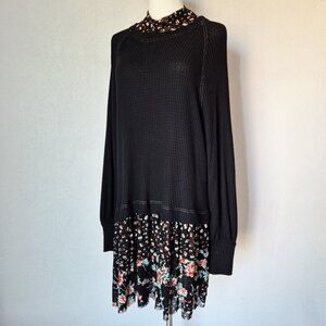 Free People Opposites Attract Mini Dress Long Sleeve Floral Mesh-Hem Black